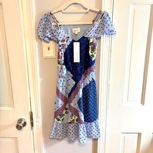 Devlin Womens XS Patchwork Boho Cottage Floral Cold Shoulder Dress Blue NEW